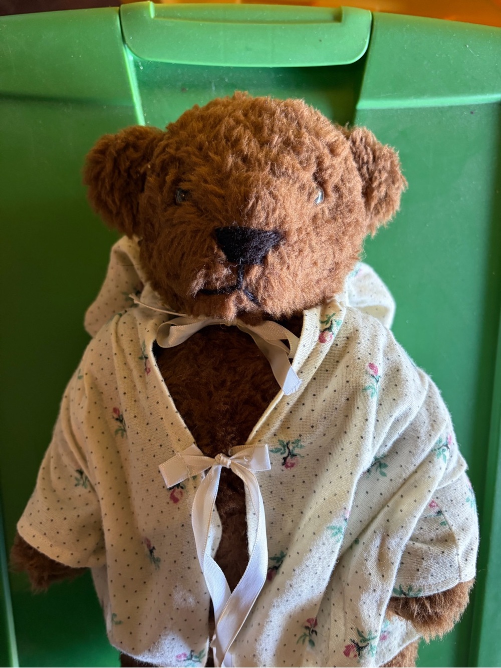 Brown Plush Teddy Bear in Cream Floral Robe - Kids Stuffed Animal